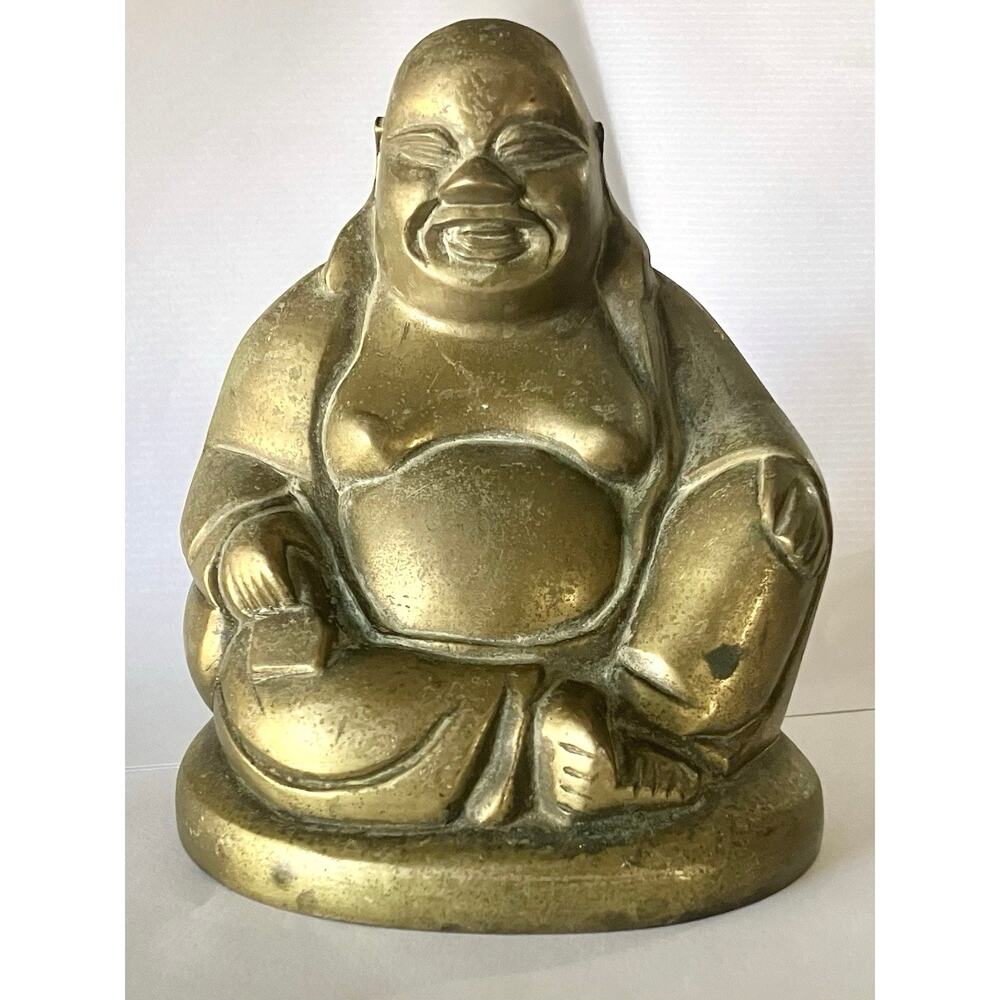 Vintage Bronze Brass Buddha Statue 5 In Smiling Laughing Seated Sitting Figure